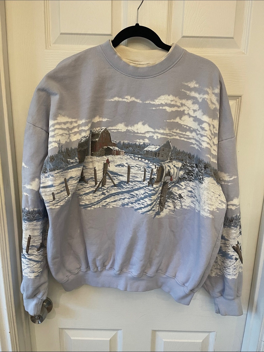 Vtg grandma grey blue Winter Farm Graphic Crewneck Sweatshirt